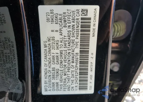 2023 Honda Civic Sport z USA, uszkodzony, nr VIN 2HGFE2F52PH569708